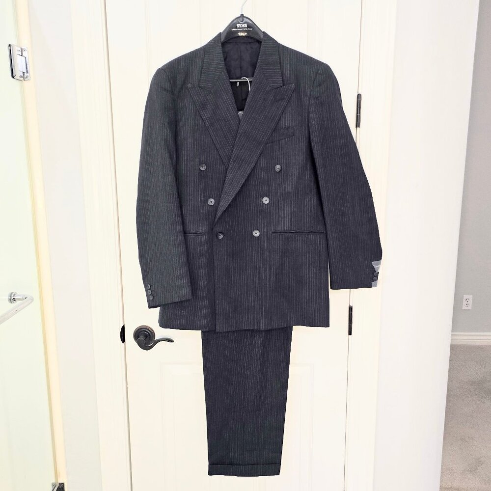Classic Double-Breasted Pinstripe Suit - Black